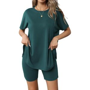 imageEkouaer Womens 2 Piece Lounge Set 2025 Summer Biker Shorts Set Outfits Short Sleeve Oversized Top Matching TracksuitLake Green