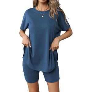 imageEkouaer Womens 2 Piece Lounge Set 2025 Summer Biker Shorts Set Outfits Short Sleeve Oversized Top Matching TracksuitNavy Blue