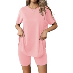 imageEkouaer Womens 2 Piece Lounge Set 2025 Summer Biker Shorts Set Outfits Short Sleeve Oversized Top Matching TracksuitOrange Pink