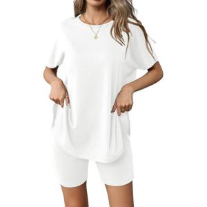 imageEkouaer Womens 2 Piece Lounge Set 2025 Summer Biker Shorts Set Outfits Short Sleeve Oversized Top Matching TracksuitPure White
