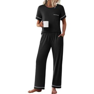 imageEkouaer Womens Pajama Sets Short Sleeve Top and Pants 2 Piece Pjs Soft Sleepwear Comfy Lounge Set SXXLBlack