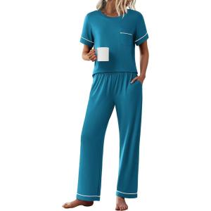 imageEkouaer Womens Pajama Sets Short Sleeve Top and Pants 2 Piece Pjs Soft Sleepwear Comfy Lounge Set SXXLBlue Green