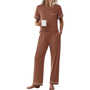 imageEkouaer Womens Pajama Sets Short Sleeve Top and Pants 2 Piece Pjs Soft Sleepwear Comfy Lounge Set SXXLBrown