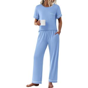imageEkouaer Womens Pajama Sets Short Sleeve Top and Pants 2 Piece Pjs Soft Sleepwear Comfy Lounge Set SXXLClear Blue