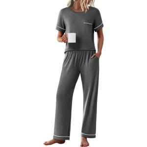 imageEkouaer Womens Pajama Sets Short Sleeve Top and Pants 2 Piece Pjs Soft Sleepwear Comfy Lounge Set SXXLDark Gray