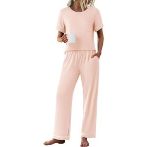 imageEkouaer Womens Pajama Sets Short Sleeve Top and Pants 2 Piece Pjs Soft Sleepwear Comfy Lounge Set SXXLLight Pink