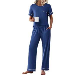 imageEkouaer Womens Pajama Sets Short Sleeve Top and Pants 2 Piece Pjs Soft Sleepwear Comfy Lounge Set SXXLNavy Blue