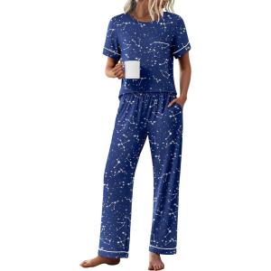 imageEkouaer Womens Pajama Sets Short Sleeve Top and Pants 2 Piece Pjs Soft Sleepwear Comfy Lounge Set SXXLNavy Blue Star