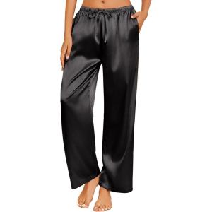 imageEkouaer Womens Silk Satin Pajama Pants Casual Loose Lounge Pants Drawstring Elastic Waist Wide Leg Pj Bottoms with PocketsBlack