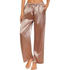 imageEkouaer Womens Silk Satin Pajama Pants Casual Loose Lounge Pants Drawstring Elastic Waist Wide Leg Pj Bottoms with PocketsBrown
