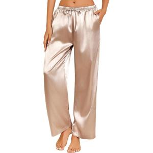 imageEkouaer Womens Silk Satin Pajama Pants Casual Loose Lounge Pants Drawstring Elastic Waist Wide Leg Pj Bottoms with PocketsChampagne