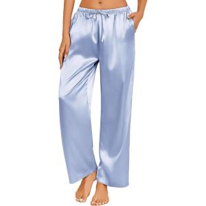 imageEkouaer Womens Silk Satin Pajama Pants Casual Loose Lounge Pants Drawstring Elastic Waist Wide Leg Pj Bottoms with PocketsClear Blue