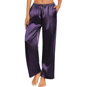 imageEkouaer Womens Silk Satin Pajama Pants Casual Loose Lounge Pants Drawstring Elastic Waist Wide Leg Pj Bottoms with PocketsDark Purple