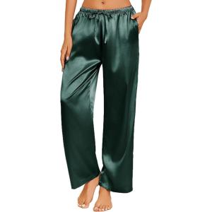 imageEkouaer Womens Silk Satin Pajama Pants Casual Loose Lounge Pants Drawstring Elastic Waist Wide Leg Pj Bottoms with PocketsDeep Green