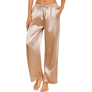 imageEkouaer Womens Silk Satin Pajama Pants Casual Loose Lounge Pants Drawstring Elastic Waist Wide Leg Pj Bottoms with PocketsKhaki