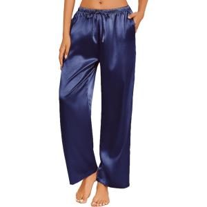 imageEkouaer Womens Silk Satin Pajama Pants Casual Loose Lounge Pants Drawstring Elastic Waist Wide Leg Pj Bottoms with PocketsNavy Blue