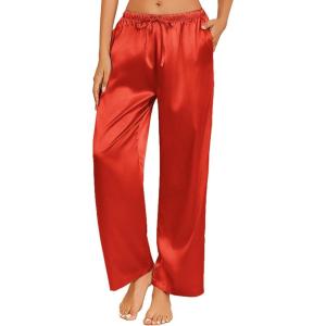 imageEkouaer Womens Silk Satin Pajama Pants Casual Loose Lounge Pants Drawstring Elastic Waist Wide Leg Pj Bottoms with PocketsRed