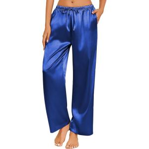 imageEkouaer Womens Silk Satin Pajama Pants Casual Loose Lounge Pants Drawstring Elastic Waist Wide Leg Pj Bottoms with PocketsRoyal Blue
