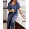 imageEkouaer Pajamas for Women Set 2 Piece Short Sleeve Tops with Long Pants V Neck Soft Pjs Casual Lounge Set with PocketsNavy Blue