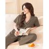 imageEkouaer Womens Cotton Pajamas Set Short Sleeve Button Down Pjs 2 Piece Soft Sleepwear with Long Pants Lounge SetBrown