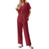 imageEkouaer Womens Cotton Pajamas Set Short Sleeve Button Down Pjs 2 Piece Soft Sleepwear with Long Pants Lounge SetWine Red