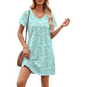 imageEkouaer Cotton Nightgowns for Women Short Sleeve Womens Nightgown V Neck Sleep Shirts for Women Soft Sleepwear SXXXLBlue Leaf