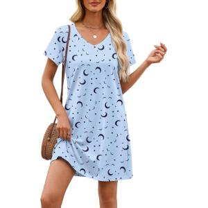 imageEkouaer Cotton Nightgowns for Women Short Sleeve Womens Nightgown V Neck Sleep Shirts for Women Soft Sleepwear SXXXLBlue Moon