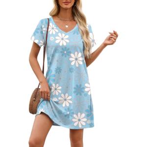 imageEkouaer Cotton Nightgowns for Women Short Sleeve Womens Nightgown V Neck Sleep Shirts for Women Soft Sleepwear SXXXLBlue White Flower