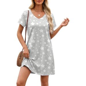imageEkouaer Cotton Nightgowns for Women Short Sleeve Womens Nightgown V Neck Sleep Shirts for Women Soft Sleepwear SXXXLGrey Star