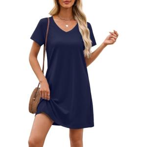 imageEkouaer Cotton Nightgowns for Women Short Sleeve Womens Nightgown V Neck Sleep Shirts for Women Soft Sleepwear SXXXLNavy Blue