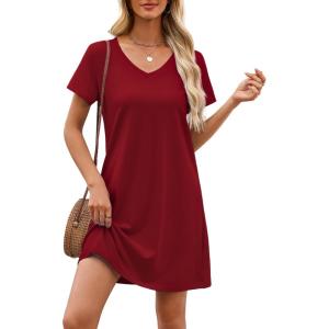 imageEkouaer Cotton Nightgowns for Women Short Sleeve Womens Nightgown V Neck Sleep Shirts for Women Soft Sleepwear SXXXLWine Red