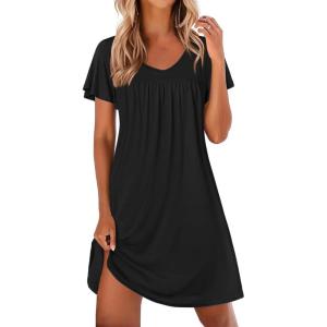 imageEkouaer Nightgowns for Women Short Sleeve Sleep Shirts Pleated Night Dress V Neck Night Shirts Soft House DressBlack