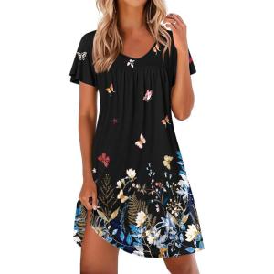 imageEkouaer Nightgowns for Women Short Sleeve Sleep Shirts Pleated Night Dress V Neck Night Shirts Soft House DressBlack Butterfly