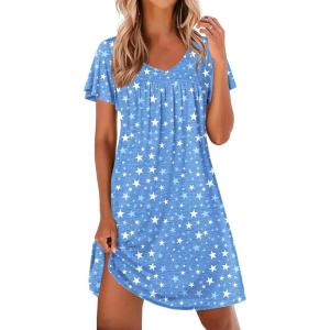 imageEkouaer Nightgowns for Women Short Sleeve Sleep Shirts Pleated Night Dress V Neck Night Shirts Soft House DressBlue Star
