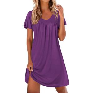 imageEkouaer Nightgowns for Women Short Sleeve Sleep Shirts Pleated Night Dress V Neck Night Shirts Soft House DressDeep Purple