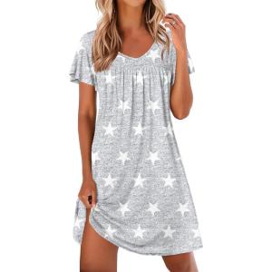imageEkouaer Nightgowns for Women Short Sleeve Sleep Shirts Pleated Night Dress V Neck Night Shirts Soft House DressGrey Star
