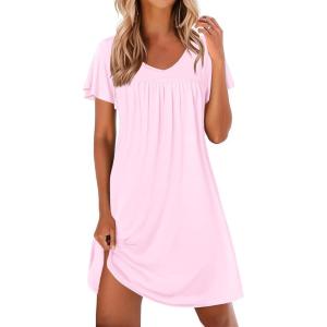 imageEkouaer Nightgowns for Women Short Sleeve Sleep Shirts Pleated Night Dress V Neck Night Shirts Soft House DressPink