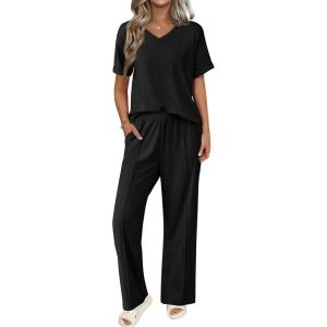 imageEkouaer Pajamas for Women Set 2 Piece Short Sleeve Tops with Long Pants V Neck Soft Pjs Casual Lounge Set with PocketsBlack