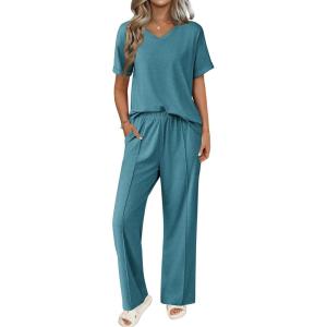 imageEkouaer Pajamas for Women Set 2 Piece Short Sleeve Tops with Long Pants V Neck Soft Pjs Casual Lounge Set with PocketsBlue Green