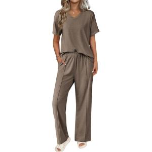 imageEkouaer Pajamas for Women Set 2 Piece Short Sleeve Tops with Long Pants V Neck Soft Pjs Casual Lounge Set with PocketsBrown
