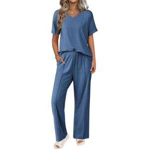 imageEkouaer Pajamas for Women Set 2 Piece Short Sleeve Tops with Long Pants V Neck Soft Pjs Casual Lounge Set with PocketsCobalt Blue