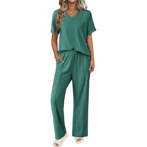 imageEkouaer Pajamas for Women Set 2 Piece Short Sleeve Tops with Long Pants V Neck Soft Pjs Casual Lounge Set with PocketsGreen