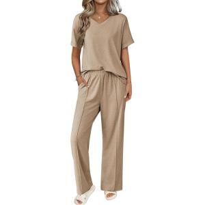 imageEkouaer Pajamas for Women Set 2 Piece Short Sleeve Tops with Long Pants V Neck Soft Pjs Casual Lounge Set with PocketsKhaki