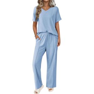 imageEkouaer Pajamas for Women Set 2 Piece Short Sleeve Tops with Long Pants V Neck Soft Pjs Casual Lounge Set with PocketsLight Blue