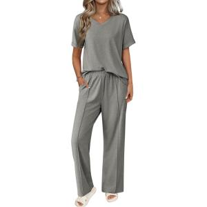 imageEkouaer Pajamas for Women Set 2 Piece Short Sleeve Tops with Long Pants V Neck Soft Pjs Casual Lounge Set with PocketsLight Grey
