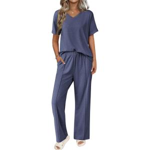 imageEkouaer Pajamas for Women Set 2 Piece Short Sleeve Tops with Long Pants V Neck Soft Pjs Casual Lounge Set with PocketsNavy Blue