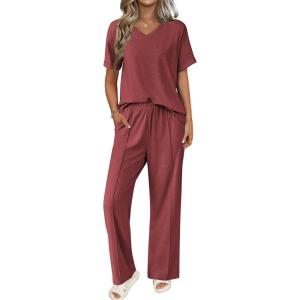 imageEkouaer Pajamas for Women Set 2 Piece Short Sleeve Tops with Long Pants V Neck Soft Pjs Casual Lounge Set with PocketsWine Red