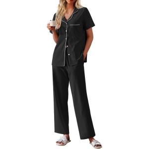 imageEkouaer Womens Cotton Pajamas Set Short Sleeve Button Down Pjs 2 Piece Soft Sleepwear with Long Pants Lounge SetBlack