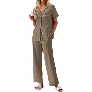 imageEkouaer Womens Cotton Pajamas Set Short Sleeve Button Down Pjs 2 Piece Soft Sleepwear with Long Pants Lounge SetBrown