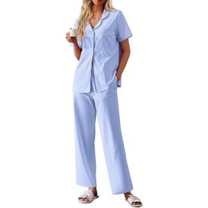 imageEkouaer Womens Cotton Pajamas Set Short Sleeve Button Down Pjs 2 Piece Soft Sleepwear with Long Pants Lounge SetClear Blue